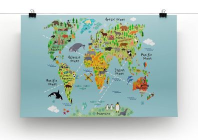 Children's Animal World Map Canvas Print or Poster (Type: Poster Print, size: 40" x 26" / 100cm x 65cm (approx))