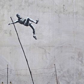 Banksy Pole Vaulter Canvas Print or Poster (Type: Standard Framed Canvas Print, size: 40" x 26" / 100cm x 65cm (approx))