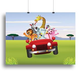 Animal Cartoon in red car Canvas Print or Poster (Type: Standard Framed Canvas Print, size: 16" x 12" / 42cm x 30cm (approx))